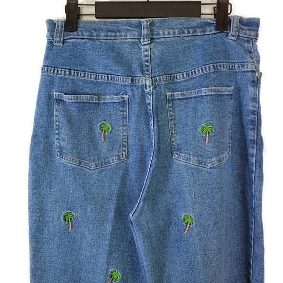 Quacker Factory Crop Blue Denim Jeans Palm Trees Embroidered High Waist Size 12 - Picture 7 of 8